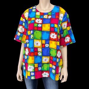 Jordan Top Women Size 20 Multicolor Short Sleeve Blouse Colorful Office VTG